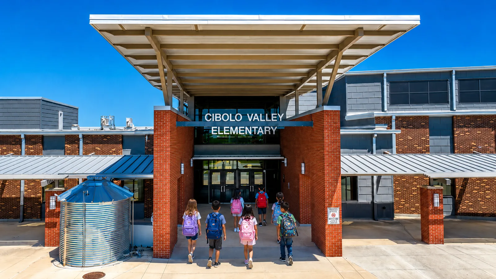Students with backpacks walking toward the brick entrance of Cibolo Valley Elementary School on a clear day