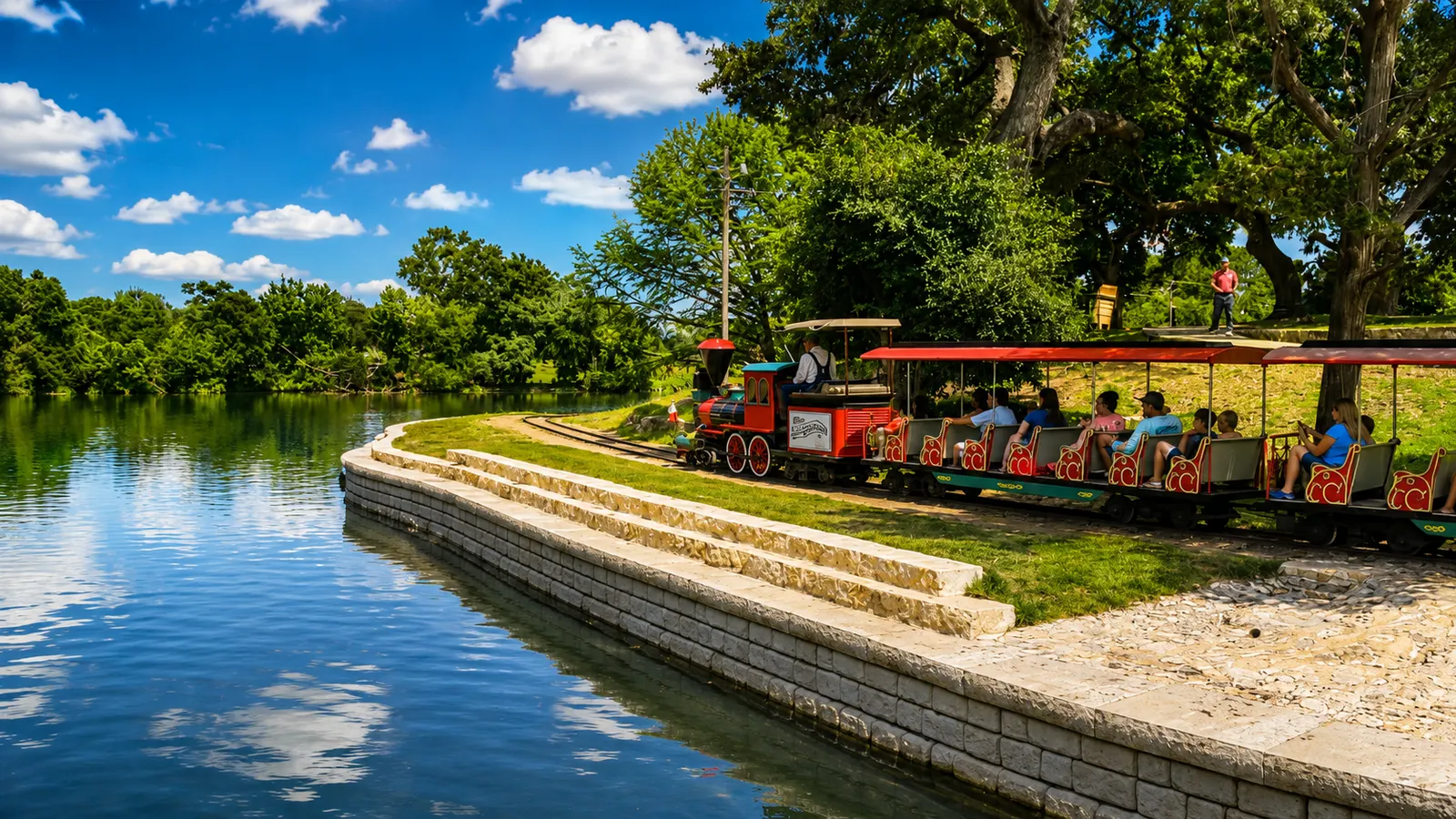 The miniature train running alongside the spring-fed water at Landa Park in New Braunfels